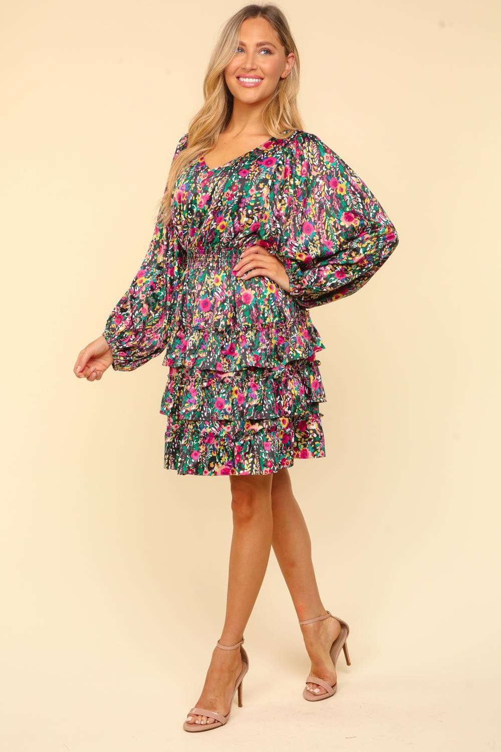 V-Neck Satin Floral Layered Dress – Satin Floral Dress, Layered V-Neck Dress, Elegant Floral Dress, Flowy Satin Dress, Summer Party Dress