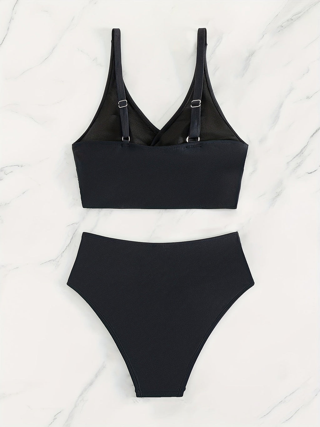 Bikini Solid Black Twist Front High Waist 2 Piece Swimsuit for Women – Stretchy V Neck Bikini Set with Ruched Tummy Control and Cross Strape Detail – Quick Drying Polyamide Swimwear for Beachwear Poolside and Summer Travel
