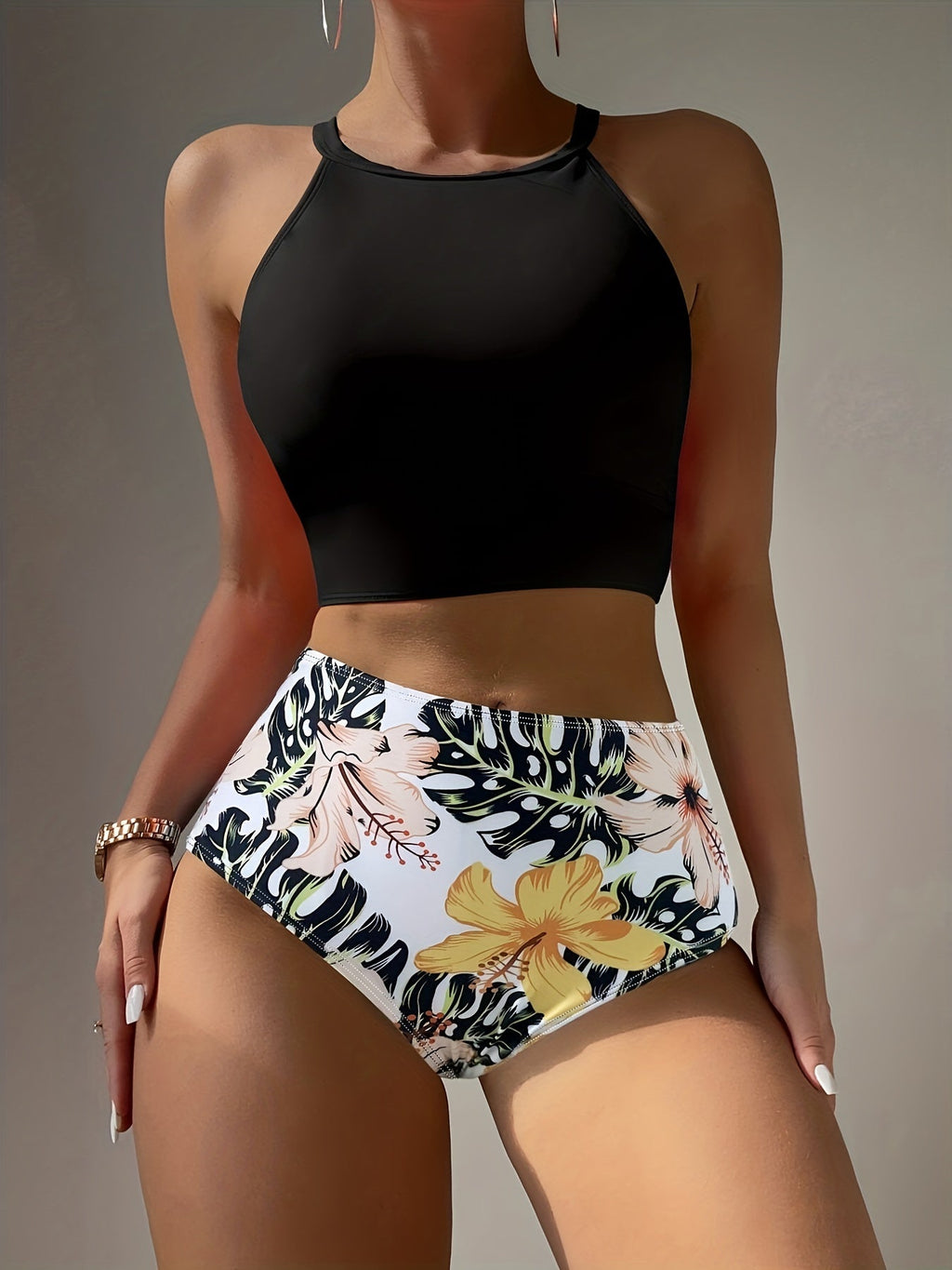 Island Bloom High Waist Bikini Set for Summer – Colorblock Tropical Print Two-Piece Swimsuit with Round Neckline Ultra-Stretch Fit & Applique Detail – Stylish and Comfortable Women’s Swimwear for Pool Beach & Summer Escapes