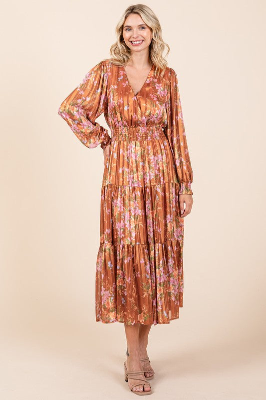 Flower Print Satin Lurex Stripe Smocked Midi Summer Dress – Elegant Midi Dress, Satin Lurex Dress, Floral Dress, Smocked Waist Dress, Romantic Midi Dress, Special Occasion Dress