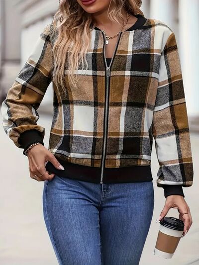 Plus Vintage Size Plaid Baseball Collar Zip-Up Jacket Trendy & Comfortable Outerwear for Any Occasion