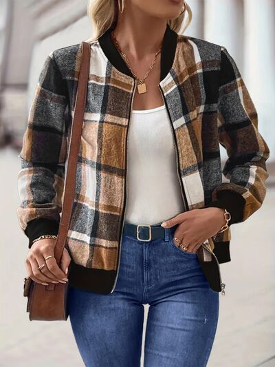 Plus Vintage Size Plaid Baseball Collar Zip-Up Jacket Trendy & Comfortable Outerwear for Any Occasion