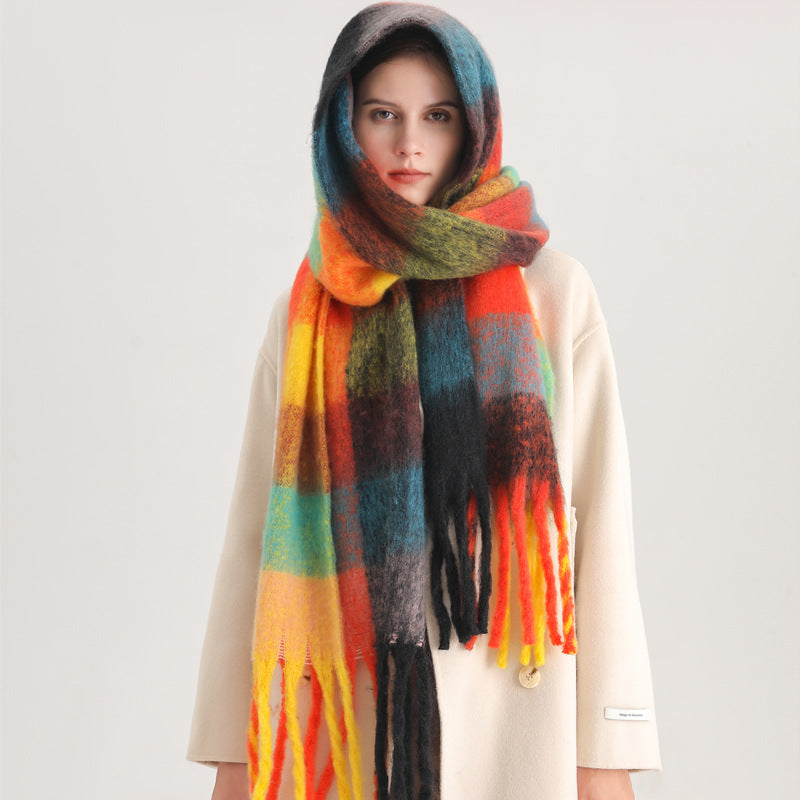 New Luxury Winter Soft Head Wraps Plaid Scarf Shawls Cashmere  Warm Cashmere Scarves Rainbow For Women