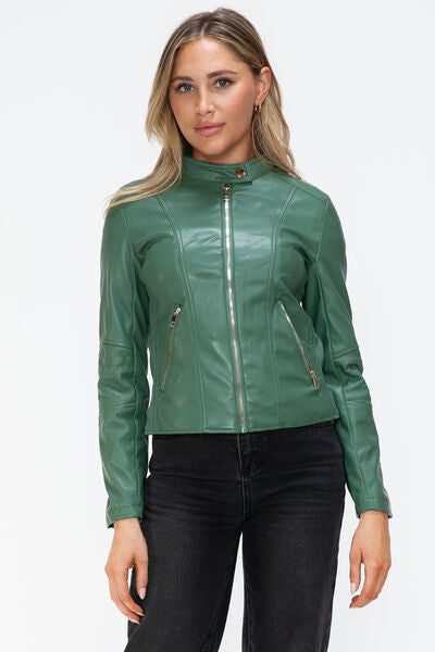 Women Classic Snobbish Faux Leather Zip-Up Drawstring Hooded Jacket Edgy & Casual PU Leather Jacket For Streetwear