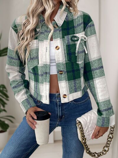 Dark Green Button-Up Jacket Trendy & Chic Outerwear with Bow & Pockets Cute Elegant Girls Jacket