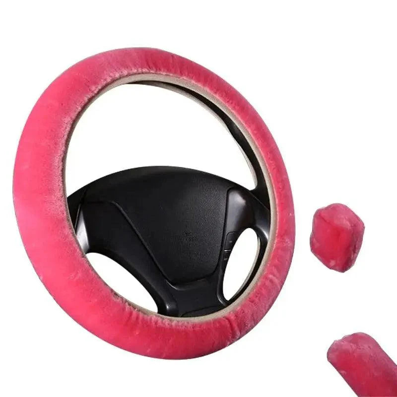 3Pcs Set Winter Fashion Wool Fur Soft Furry Car Steering Wheel Covers 16 Colors Winter Universal Hand Brake Gear Cover  Car Accessories