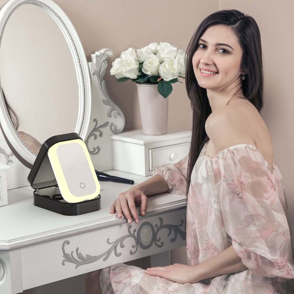 Portable Travel Makeup Bag With LED Mirror Rechargeable Beauty Mirror With 3 Color Light Dimmable Brightness Waterproof Cosmetic Bag With 4 Compartmen