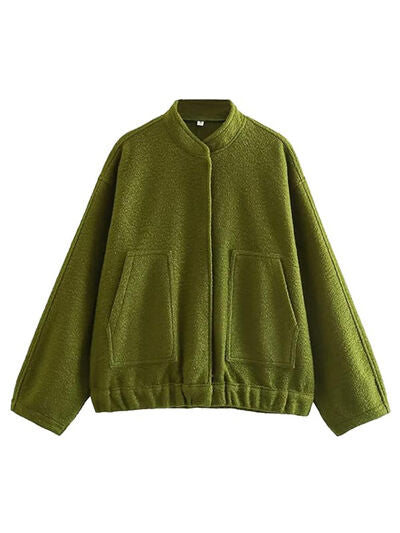 Autumn Casual Full Size Drop Shoulder Snap Down Jacket with Buttoned Front and Pockets