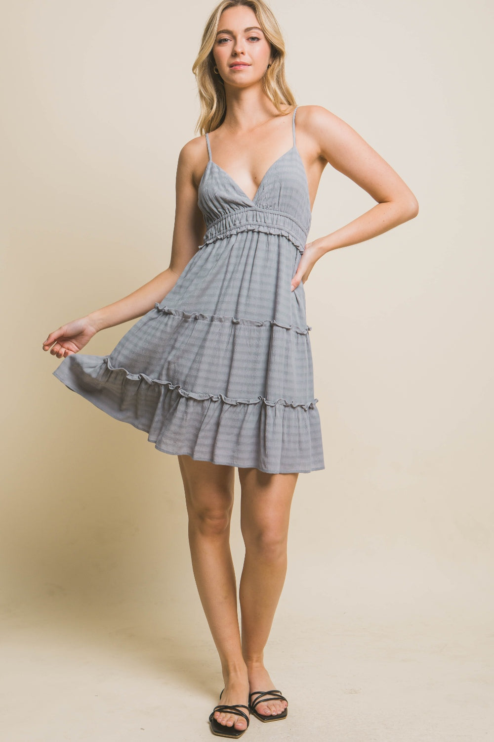 Frill V-Neck Cami Dress – V-Neck Cami Dress, Frill Cami Dress, Feminine V-Neck Dress, Casual Summer Dress, Flowy Cami Dress, Chic Cami Dress, Elegant Frill Dress