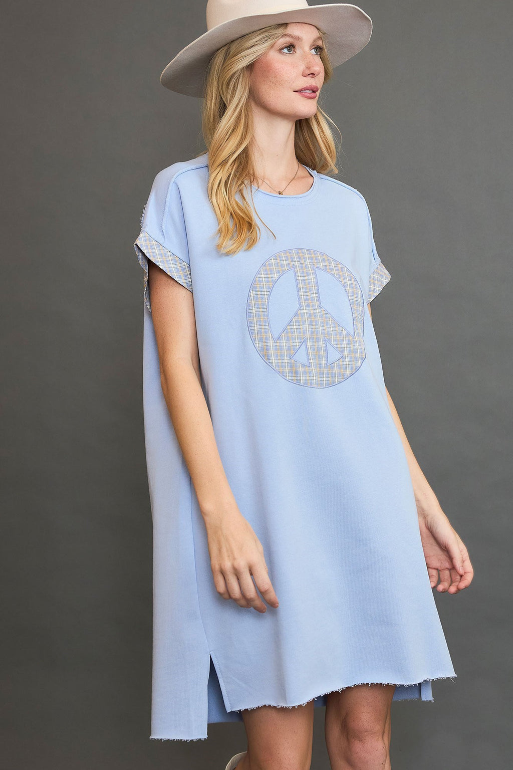 Peace Plaid Applique Short Sleeve Mini Dress – Chic and Stylish Plaid Dress with Applique Detailing for a Trendy and Versatile Look