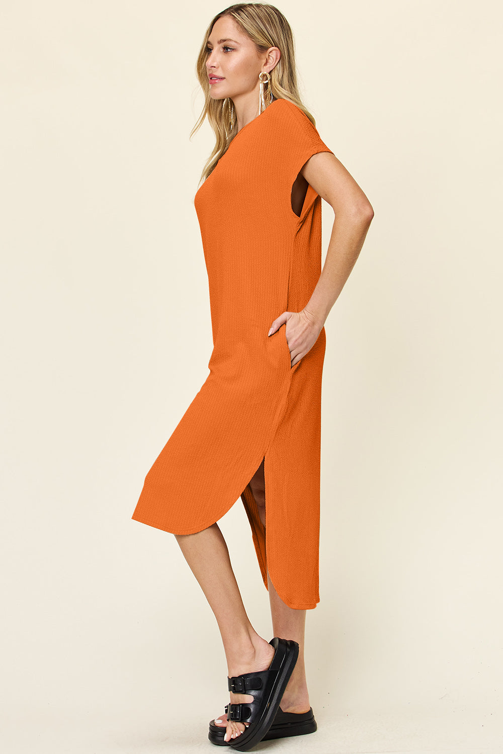 Double Take Full Size Round Neck Short Sleeve Slit Dress Stylish & Comfortable Casual Dress
