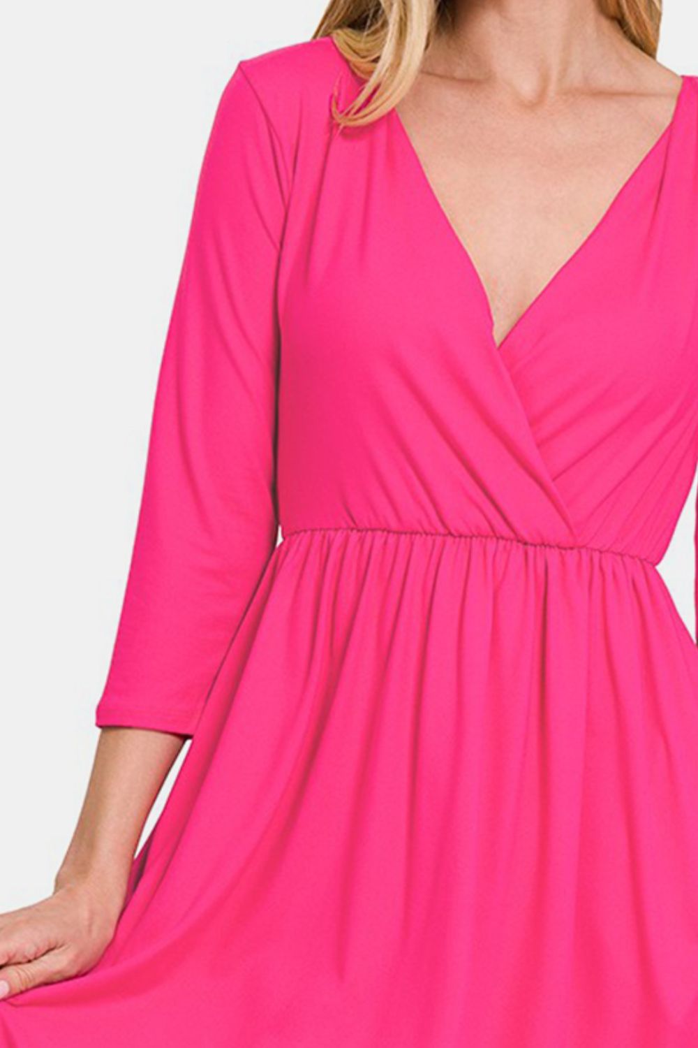 Three-Quarter Sleeve Surplice Dress with Pockets – Surplice Neckline Dress, Three-Quarter Sleeve Dress, Pocketed Mini Dress, Flattering Surplice Dress, Casual Surplice Dress, Elegant Mini Dress, Feminine Mini Dress