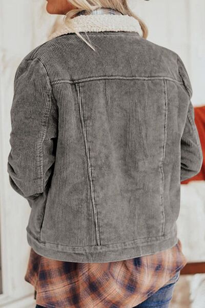 Vintage Women Winter Corduroy Snap Down Jacket With Collared Neck and Plush Lining