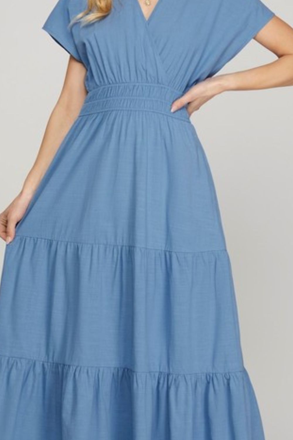 Surplice Short Sleeve Tiered Maxi Dress With Pockets For Women – Elegant, Versatile, Comfortable and Functional with Flattering Surplice Neckline and Tiered Design for Effortless Style