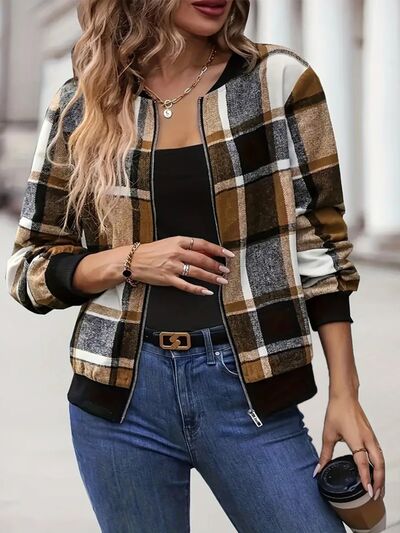 Plus Vintage Size Plaid Baseball Collar Zip-Up Jacket Trendy & Comfortable Outerwear for Any Occasion