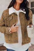 Vintage Women Winter Corduroy Snap Down Jacket With Collared Neck and Plush Lining