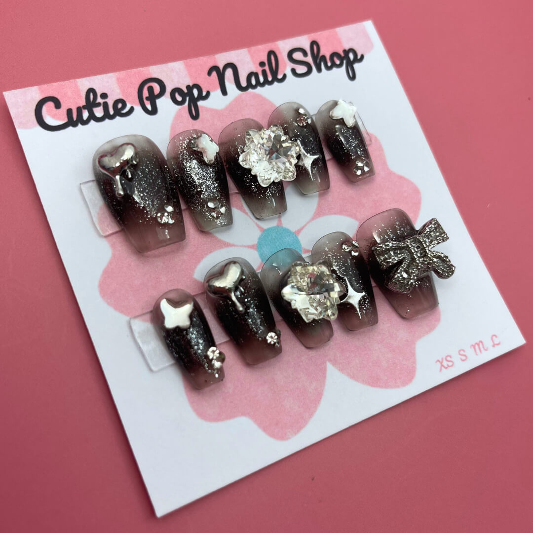 Press-On Nails – Black Gem Silver Glitter