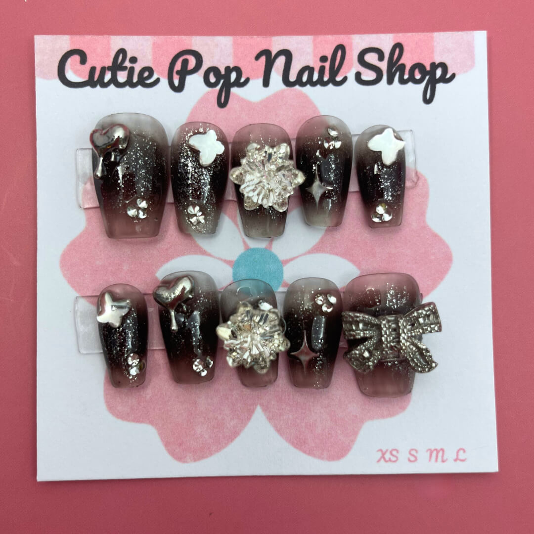 Press-On Nails – Black Gem Silver Glitter