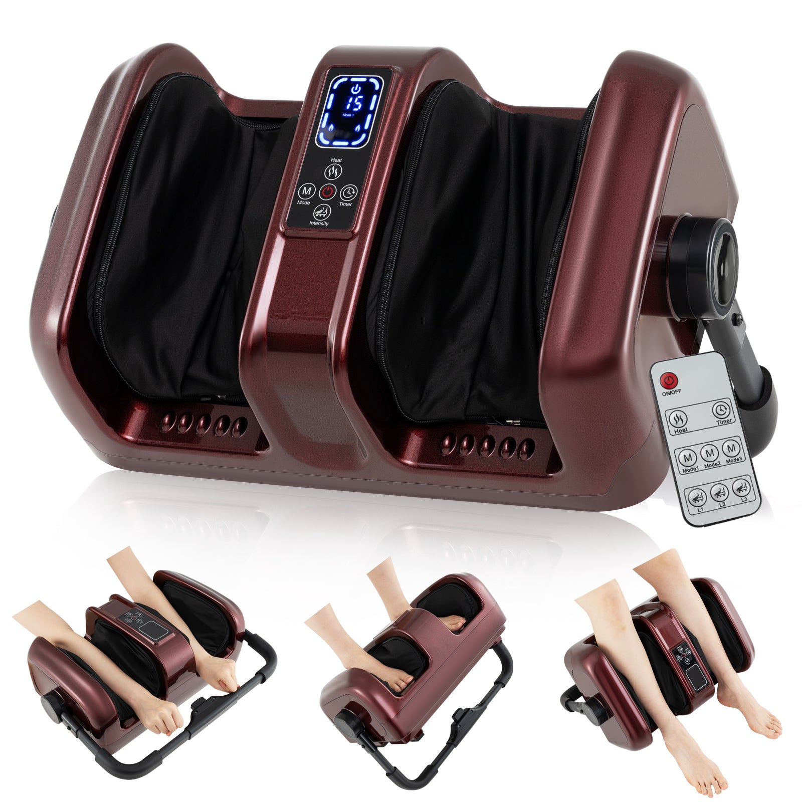 Foot and Calf Massager with Heat Shiatsu Deep Kneading Rolling Smart Electric Leg Massager-Red