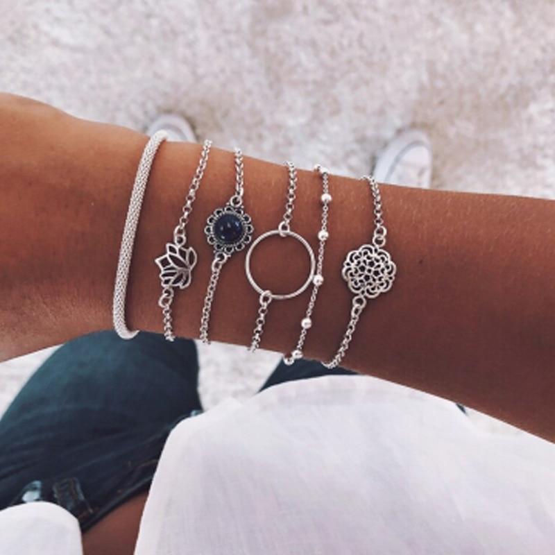 Luxury Modern Jewelry Women Set Bohemian Beads Chain Bracelets Bangles for Women Fashion Vintage Heart Compass Gold Color Chain Bracelets Sets