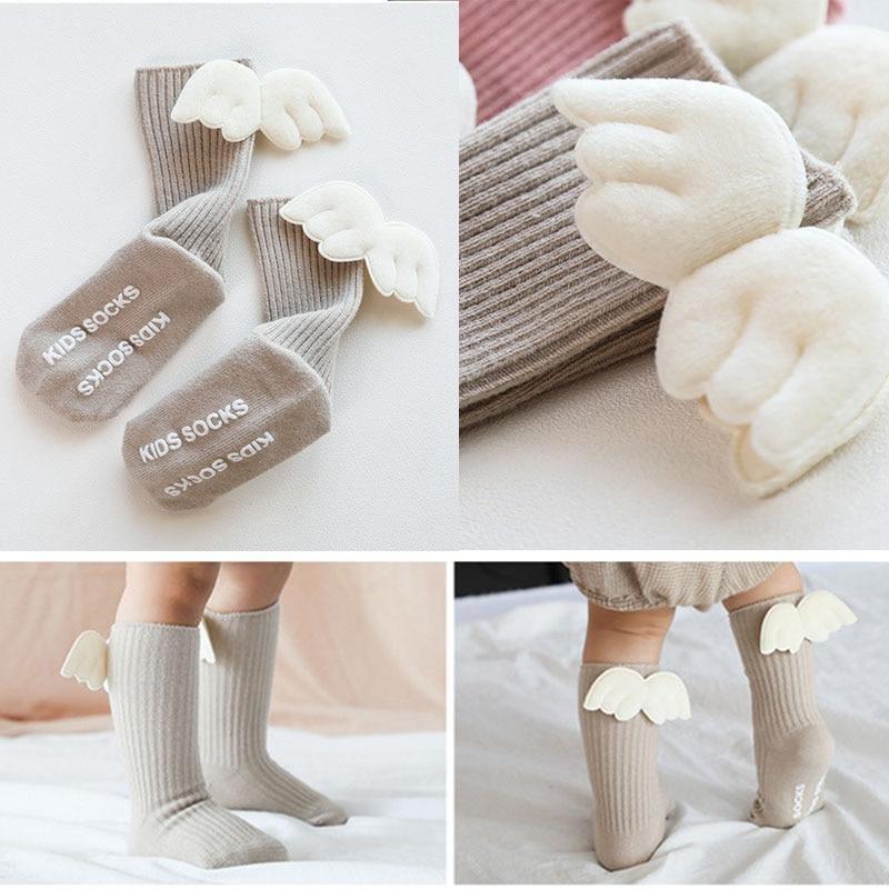 Luxury Modern Socks Baby Girls Knee High Socks With Angel wing  Summer Autumn Cotton Socks Solid Candy Color Toddler For Kids
