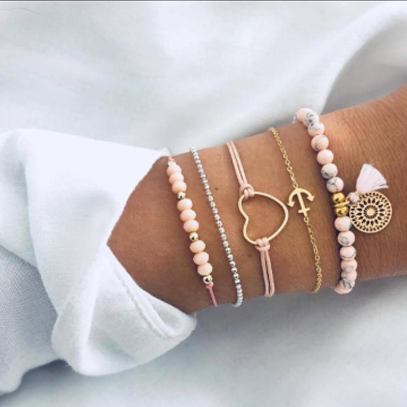 Luxury Modern Jewelry Women Set Bohemian Beads Chain Bracelets Bangles for Women Fashion Vintage Heart Compass Gold Color Chain Bracelets Sets