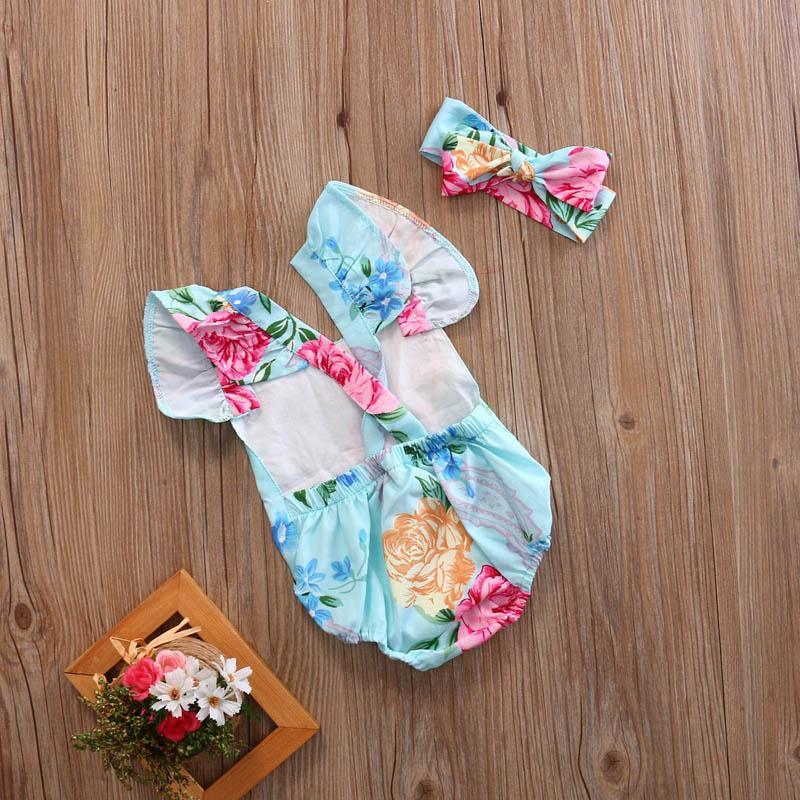 Floral Sleeveless Cotton Romper Jumpsuit Headband Outfits Sunsuit For Newborn Babies For Girls In Modern Colorful Design 0-24M Kids