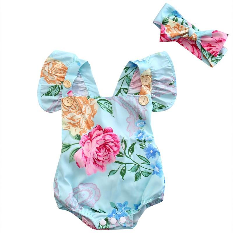 Floral Sleeveless Cotton Romper Jumpsuit Headband Outfits Sunsuit For Newborn Babies For Girls In Modern Colorful Design 0-24M Kids