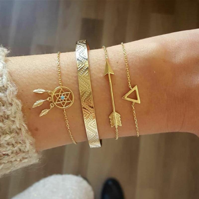 Luxury Modern Jewelry Women Set Bohemian Beads Chain Bracelets Bangles for Women Fashion Vintage Heart Compass Gold Color Chain Bracelets Sets