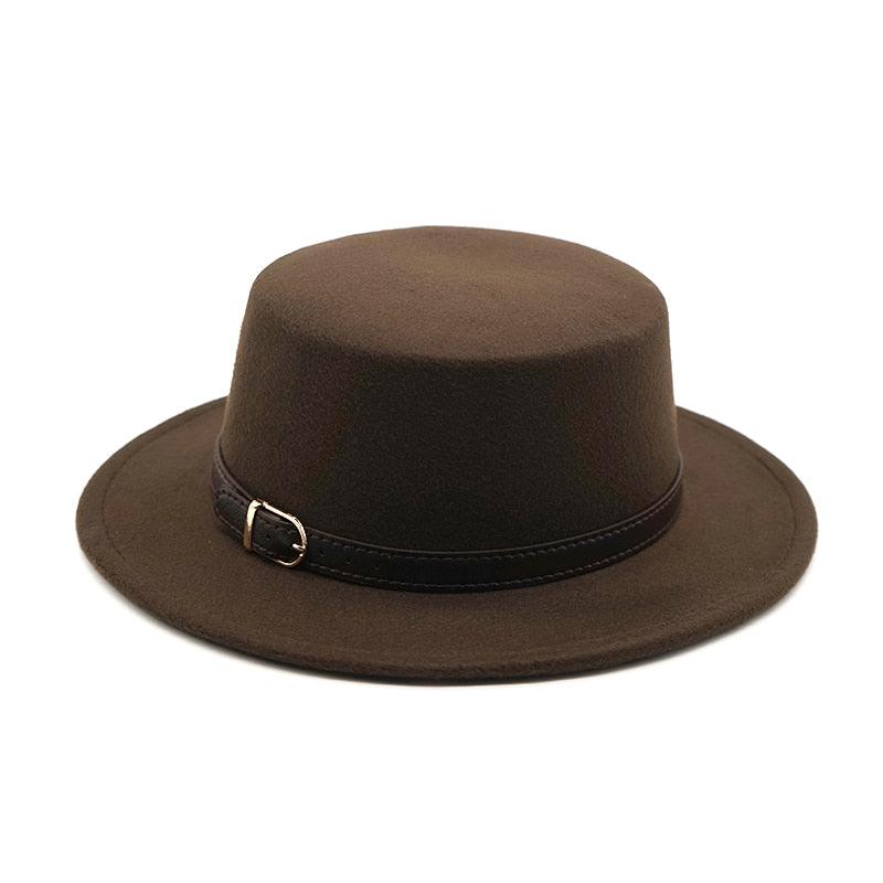 One Size New Retro Winter Autumn Women Men Top Hat Cotton Warm Winter Hat Solid Color Wide Brim Straight Sides Hat Fedora Hat Luxury Fedora Hats With Belt Buckle Elegant Flat Brim Hat