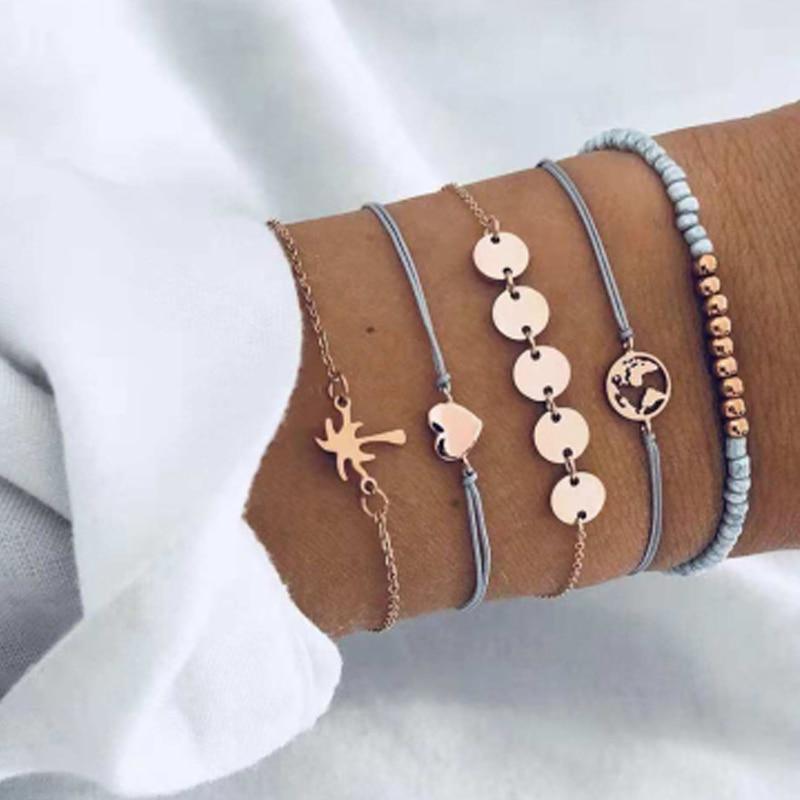 Luxury Modern Jewelry Women Set Bohemian Beads Chain Bracelets Bangles for Women Fashion Vintage Heart Compass Gold Color Chain Bracelets Sets