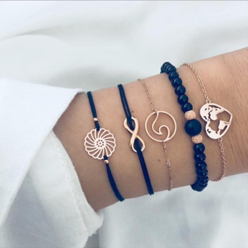 Luxury Modern Jewelry Women Set Bohemian Beads Chain Bracelets Bangles for Women Fashion Vintage Heart Compass Gold Color Chain Bracelets Sets