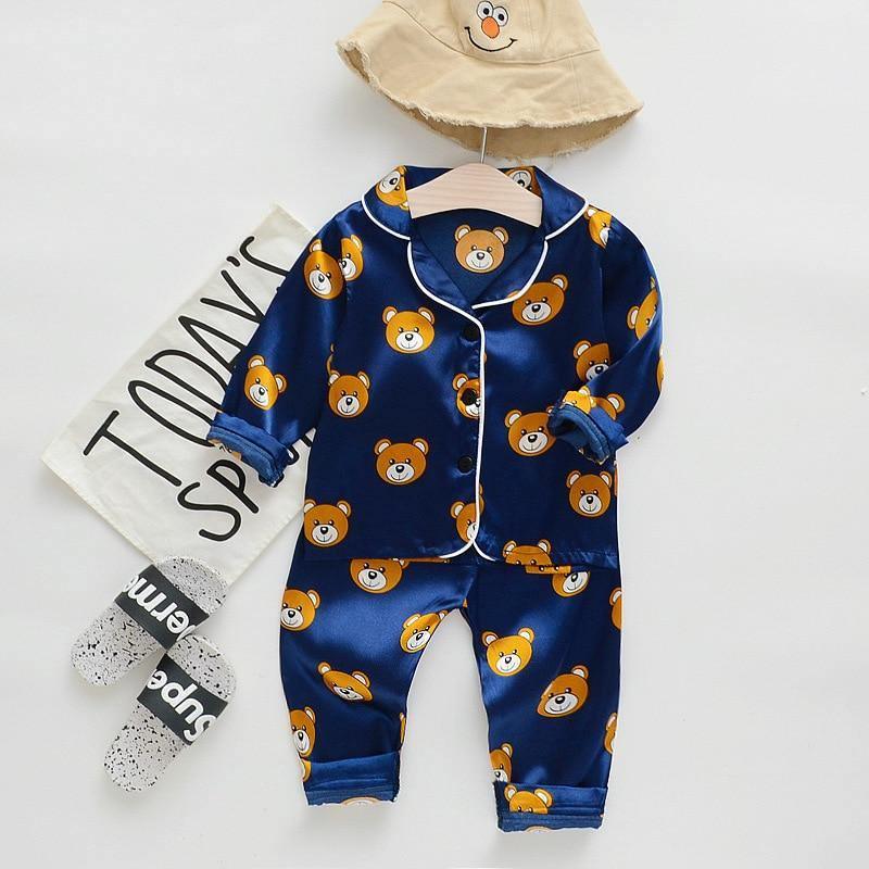 Luxury Modern Children's Pajamas Set Baby Suit Toddler Boys and Girls Ice Silk Satin Cartoon Printing Tops Pants Set Home Wear pajams for Kids
