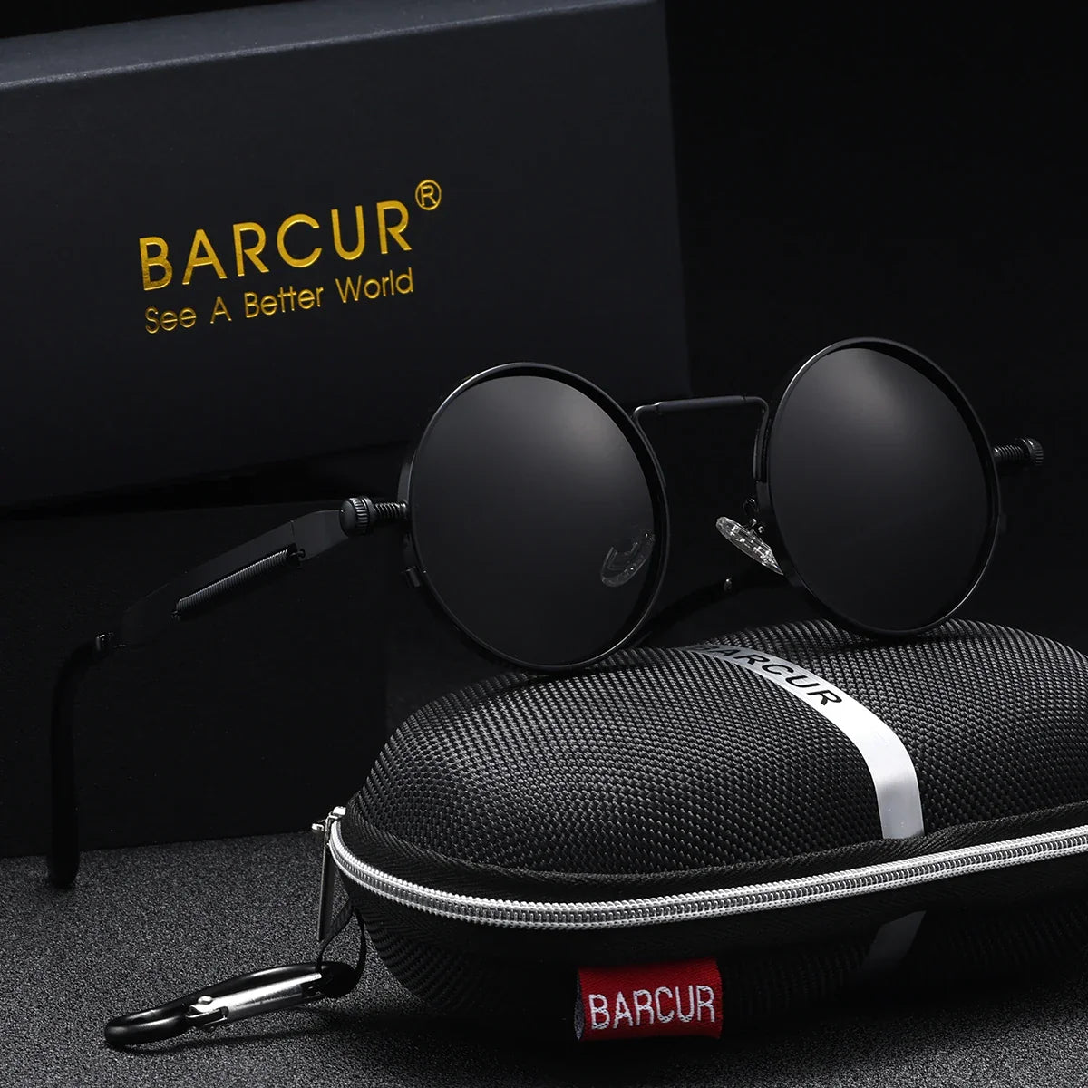 BARCUR Polarized Round Steampunk Sunglasses for Men – Retro Fashion Stainless Steel Frame with UV400 Protection and Spring Hinges – Luxury Vintage Style Circular Sun Glasses for Women & Men Perfect for Outdoor Travel and Summer Events