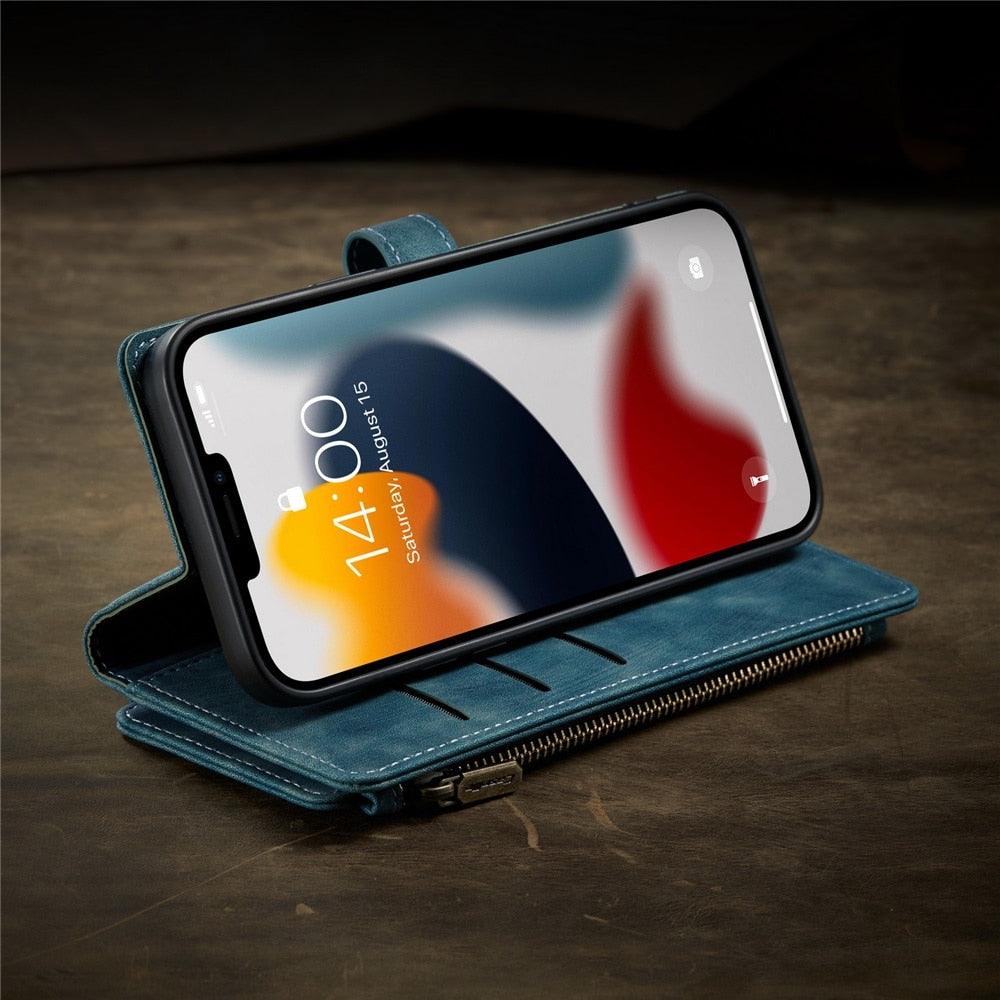 Vintage Card Holder Leather Wallet Case for iPhone 11 12 13 14 Pro Max Mini XR XS Max 8 7 6s Plus SE Storage Pocket Cover Flip Case PU Leather Protective Case With Magnetic Closure