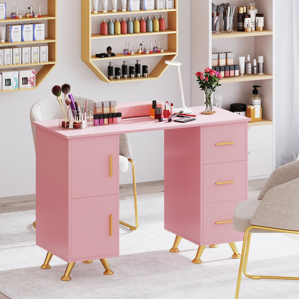 Wooden Manicure Table Nail Desk with Drawers Wrist Rest-Pink