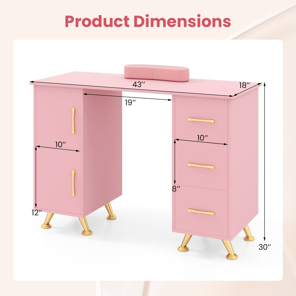Wooden Manicure Table Nail Desk with Drawers Wrist Rest-Pink