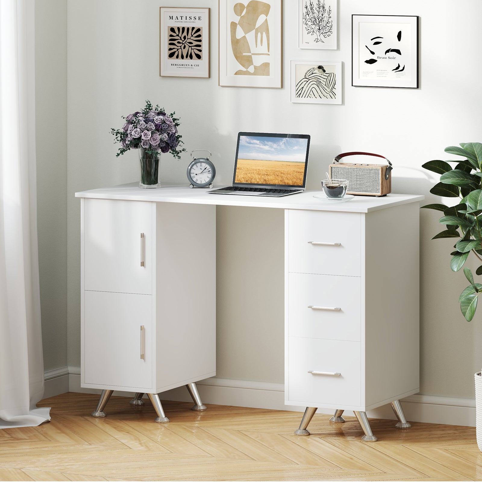 Wooden Manicure Table Nail Desk with Drawers Wrist Rest-White