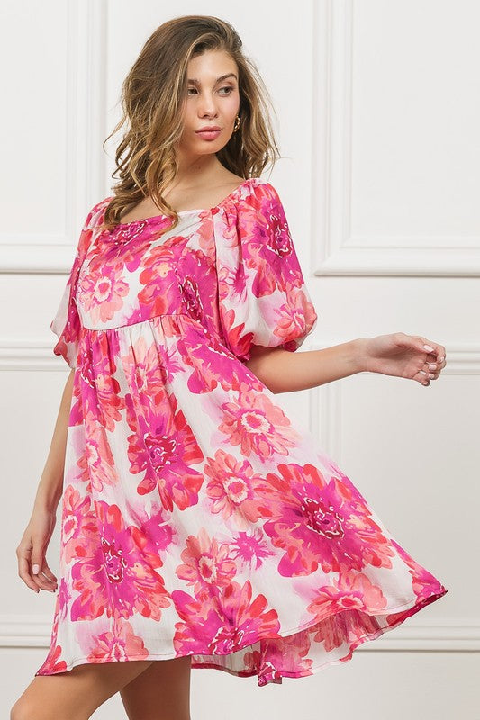 New Summer Floral Square Neck Puff Sleeve Mini Dress For Women, Vintage-Inspired Charm, Romantic Floral Print, Feminine Puff Sleeves for Casual & Dressy Occasions