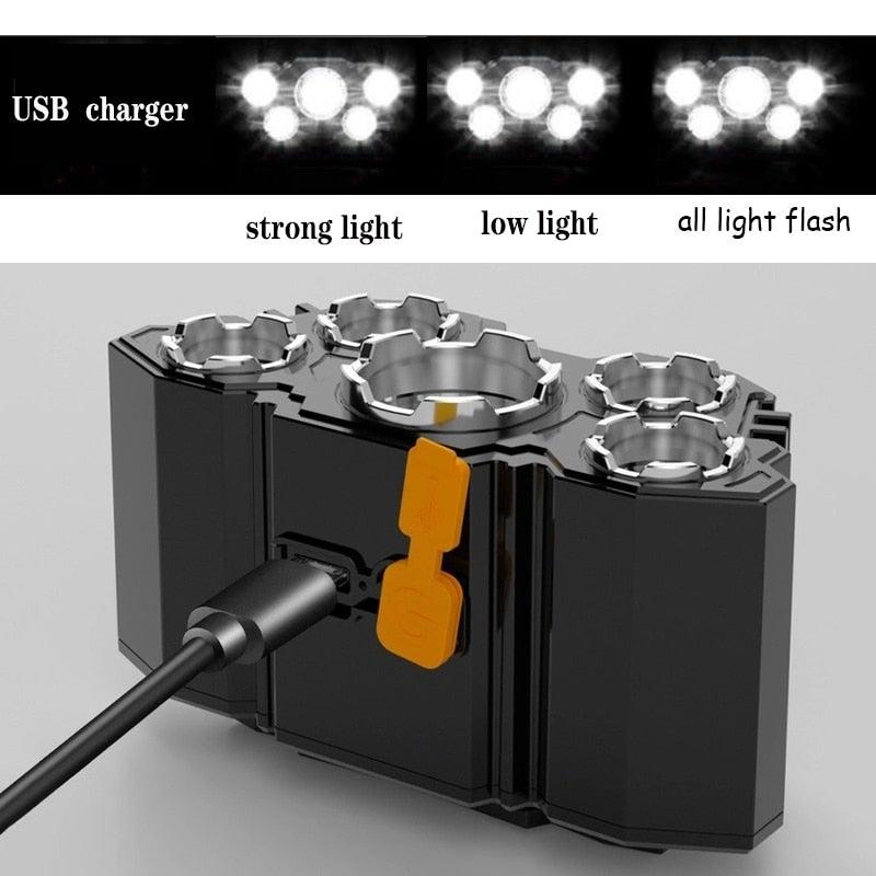 Adjustable USB Rechargeable Torch Lamp Built-in Battery 5 Led Strong Headlight Waterproof  Rechargeable Super Bright Head-Mounted Flashlight For Outdoor Night Camping