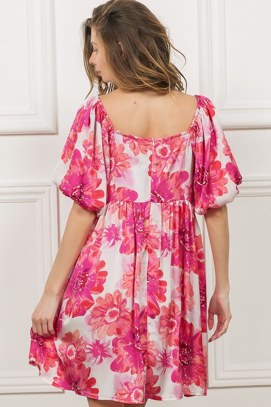 New Summer Floral Square Neck Puff Sleeve Mini Dress For Women, Vintage-Inspired Charm, Romantic Floral Print, Feminine Puff Sleeves for Casual & Dressy Occasions