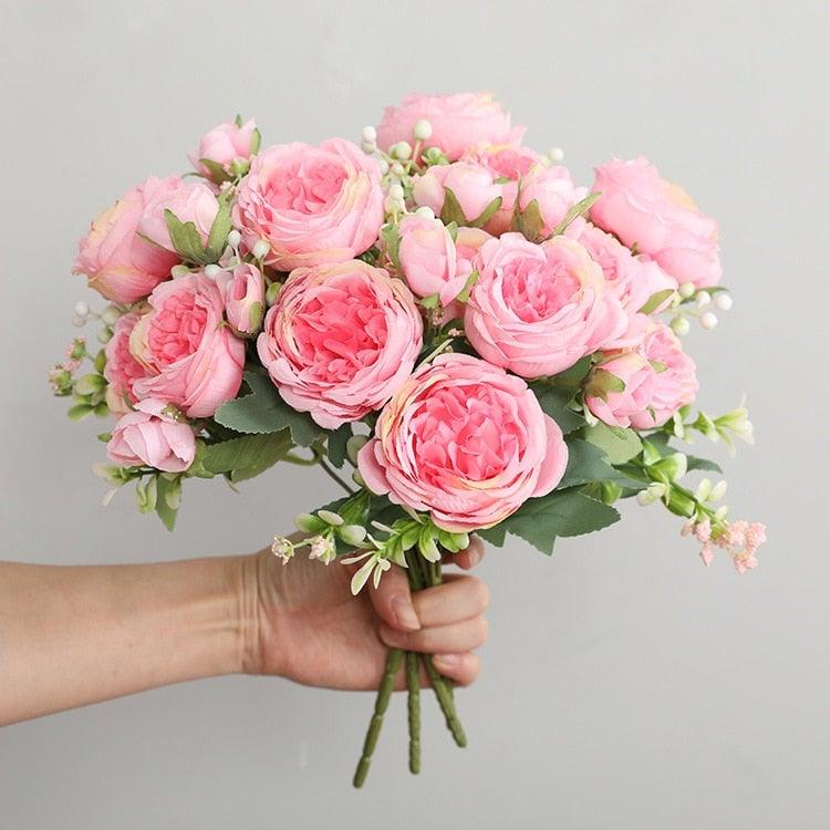 Beautiful Rose Peony Artificial Silk Eucalyptus Fake Flowers Small bouquet Flores Home Party Spring Wedding Decoration Artificial Silk Rose Flower Bouquet Lifelike Fake Rose for Wedding Home Party Decoration Event Gift