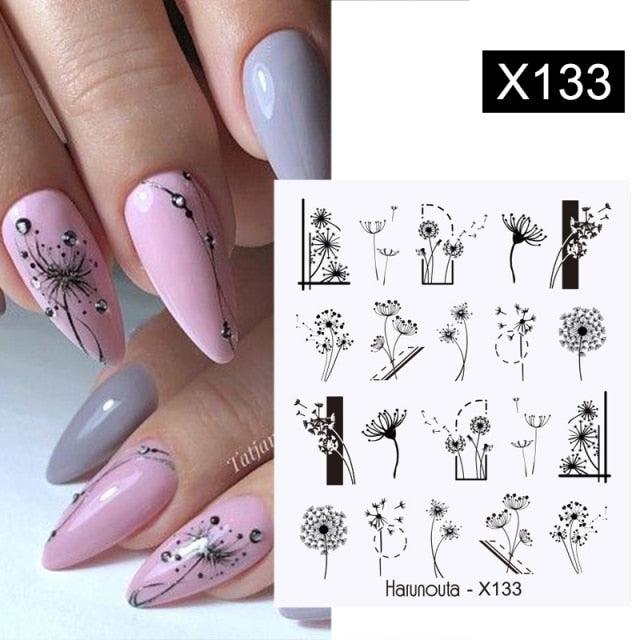 Black Lines Flower Leaves Water Decals Stickers Floral Face Marble Pattern Slider For Nails Summer Nail Art Decoration Summer Stickers on Nails Simple Summer Slider for Manicure Nail Art Watermark Manicure Decor