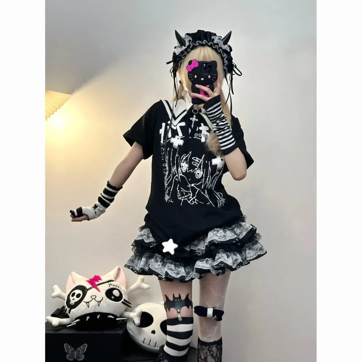 Y2K Punk Lace Mini Skirt – Gothic Layered A-Line Skirt
