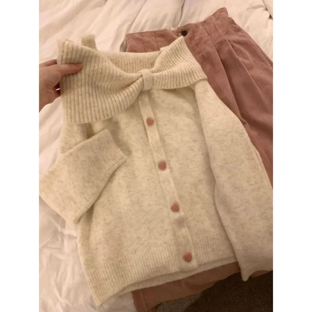 Bow Collar Knit Cardigan – Soft Harajuku Elegant Sweater