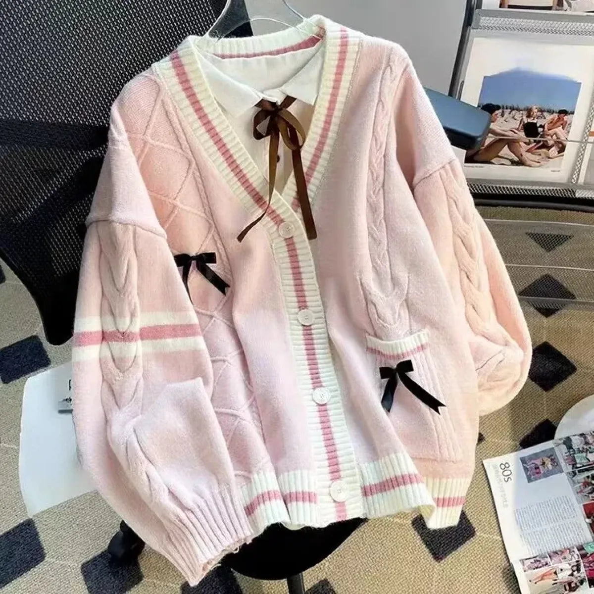 Bow Knit Cardigan – Y2K Aesthetic Contrast Trim Sweater