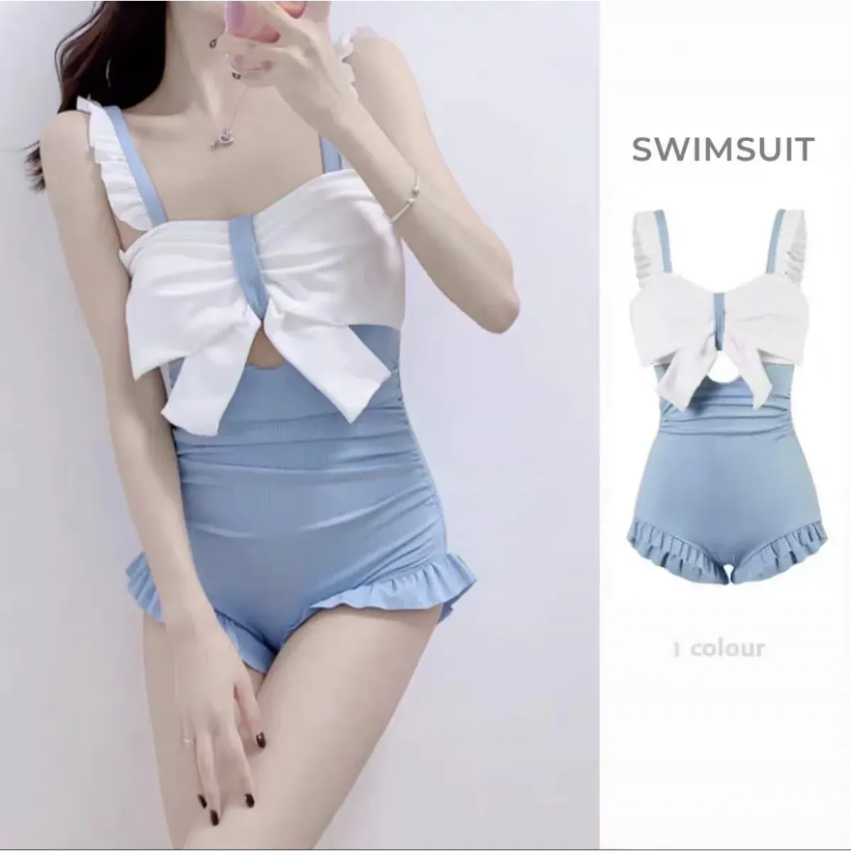 Bow Patchwork Swimsuit – Korean Ruffle One Piece Shorts