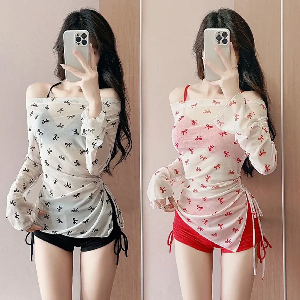Bow Print Bikini Set – Korean 3pcs Mesh Cover with Drawstring Shorts
