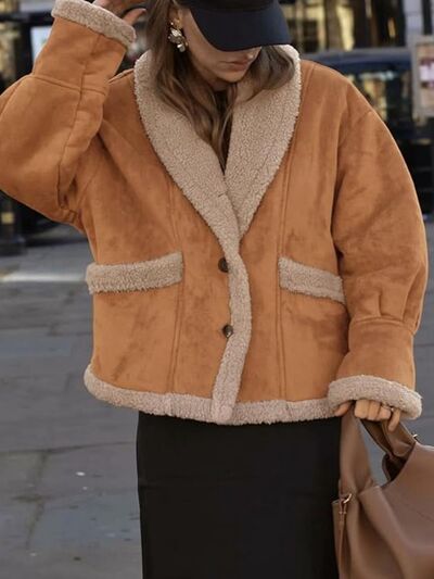 Fuzzy Collared Neck Long Sleeve Jacket with Buttoned Closure and Cozy Pockets