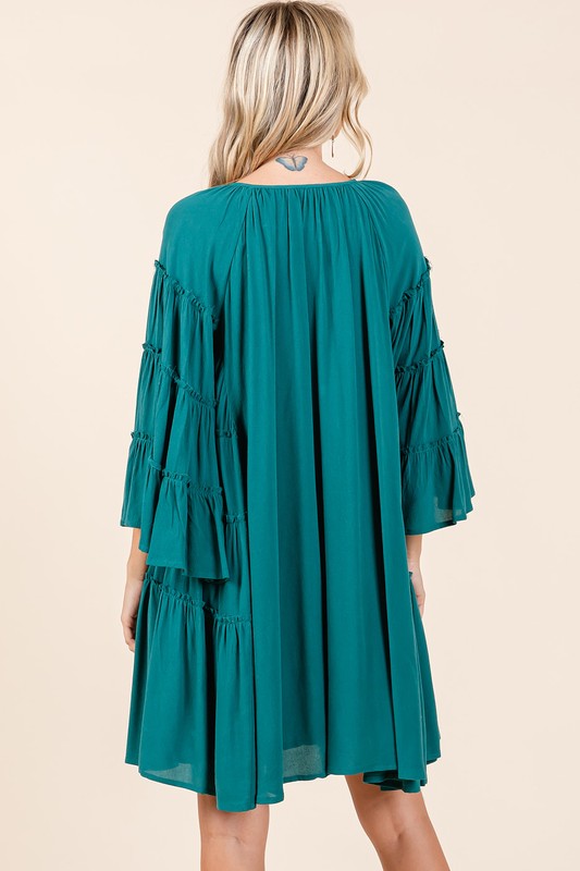 Frill Tie Neck Bell Sleeve Dress For Women – Feminine and Sophisticated Dress with Playful Frill Details and Elegant Bell Sleeves